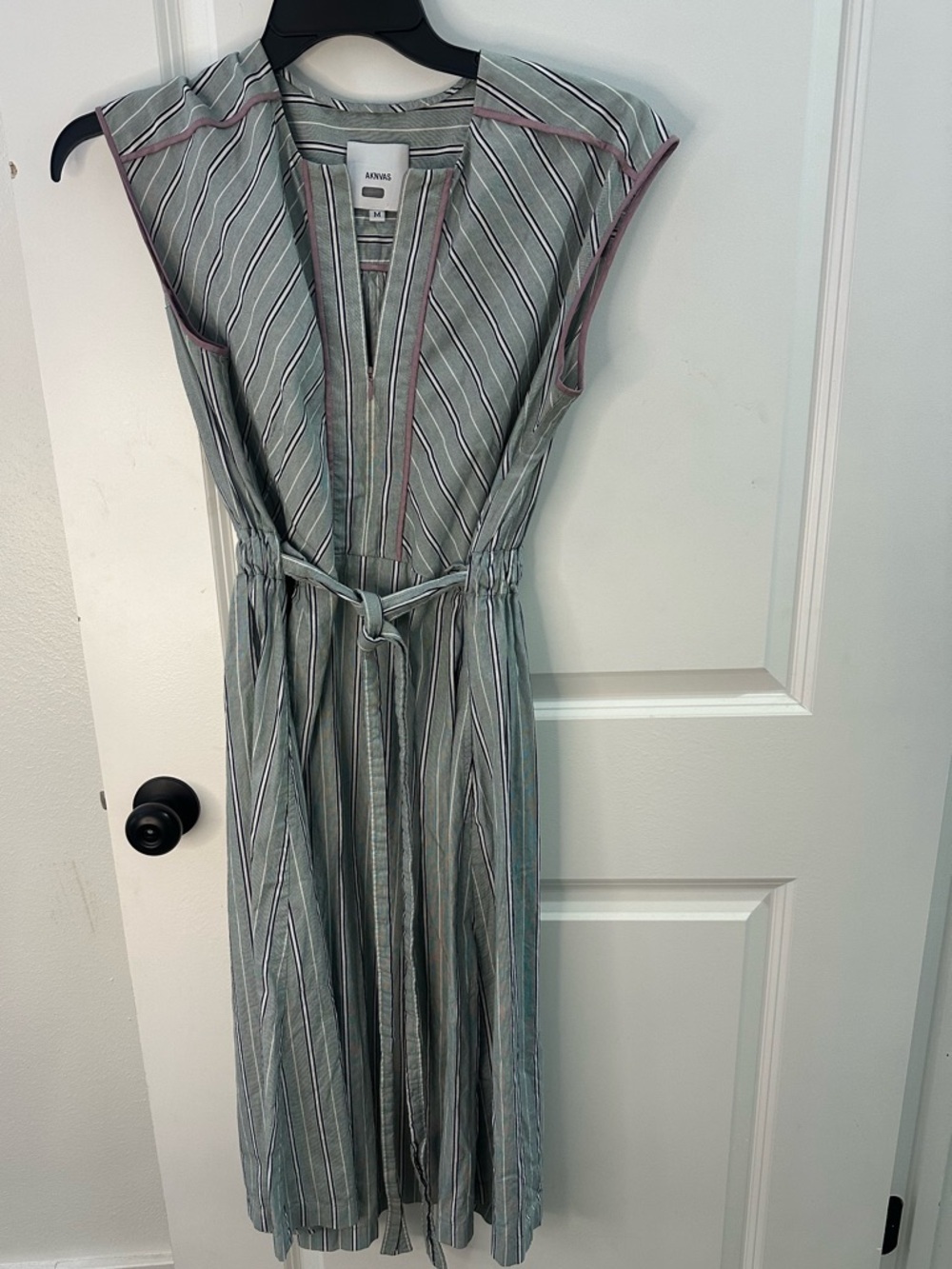 Aknvas Green & White Striped Pleated Midi Dress Size M Designer Retail $695 - Picture 6 of 12